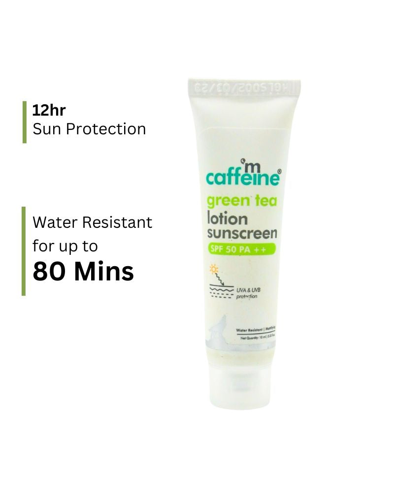 mCaffeine Green Tea Sunscreen SPF 50 PA++ with Niacinamide | Hydrating & Leaves Zero Whitecast ( 10 ml ) (Mini/Small Pack/Sample)