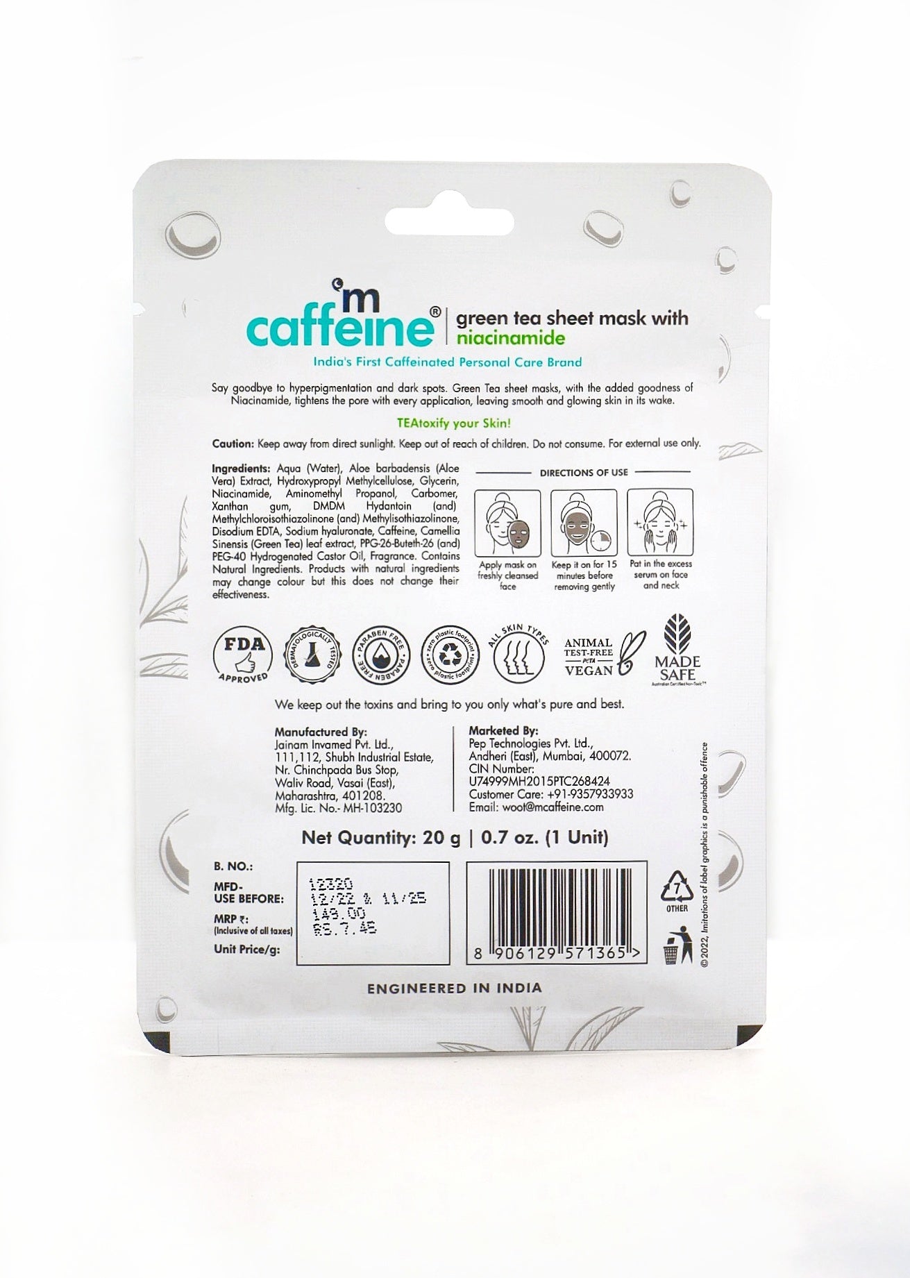 Niacinamide Green Tea Sheet Mask for Pore Refining - 20g each