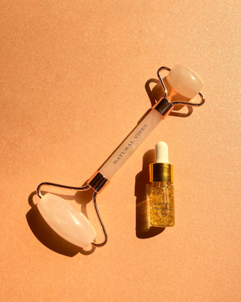 Natural Vibes Rose Quartz Roller & Massager with Gold Beauty Elixir Oil (3 ml)( Full Size )