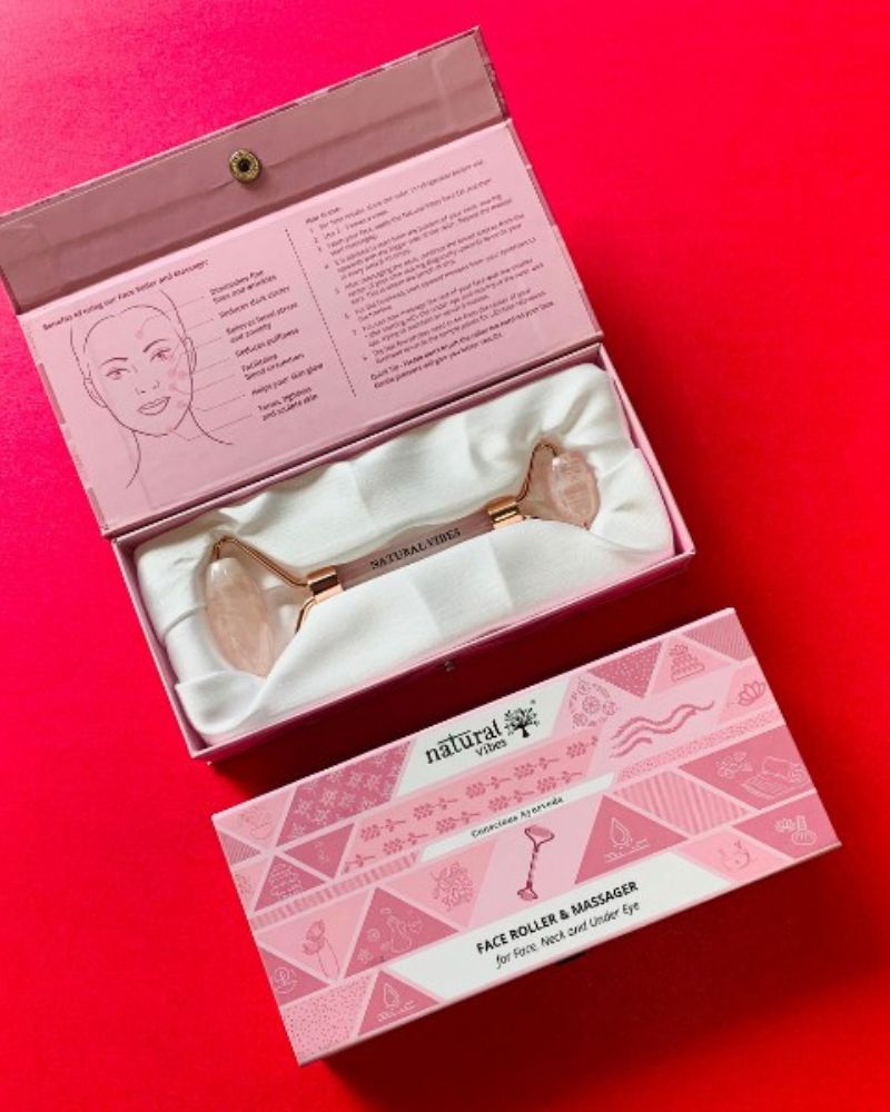 Natural Vibes Rose Quartz Roller & Massager with Gold Beauty Elixir Oil (3 ml)( Full Size )