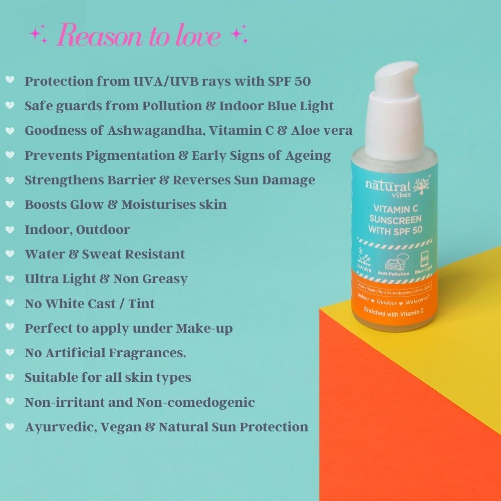 Natural Vibes Vitamin C Sunscreen SPF 50+ Protection from UVA/UVB rays, Blue Light & Pollution ( 50 ml ) ( Full Size )