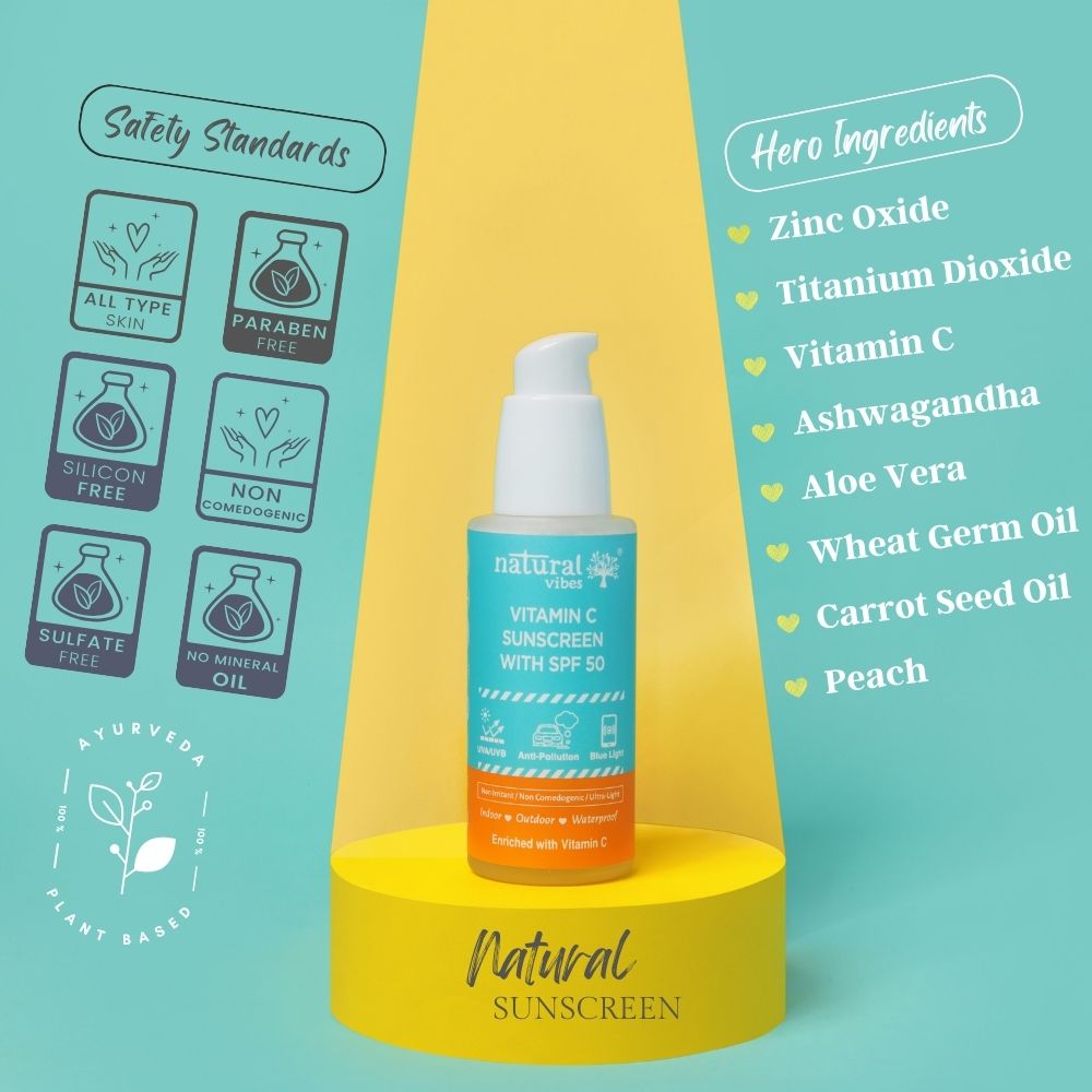 Natural Vibes Vitamin C Sunscreen SPF 50+ Protection from UVA/UVB rays, Blue Light & Pollution ( 50 ml ) ( Full Size )