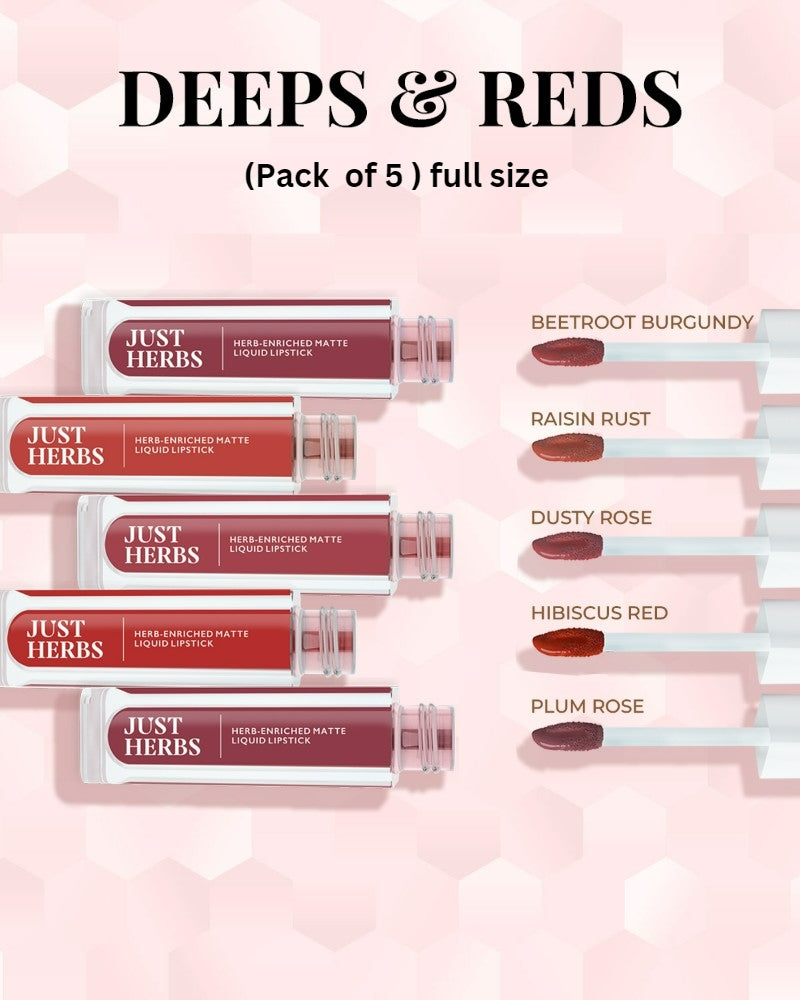 Just Herbs Deeps & Reds (Set of 5) Herb Enriched Matte Liquid Lipstick Kit
