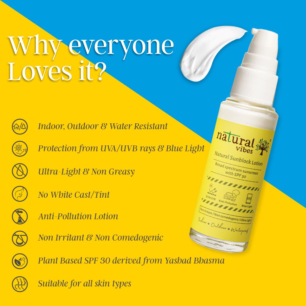 Natural Vibes Sunscreen Lotion with SPF 30 - Indoor, Outdoor & Water Resistant with Blue light Protection ( 30 ml ) ( Full Size )