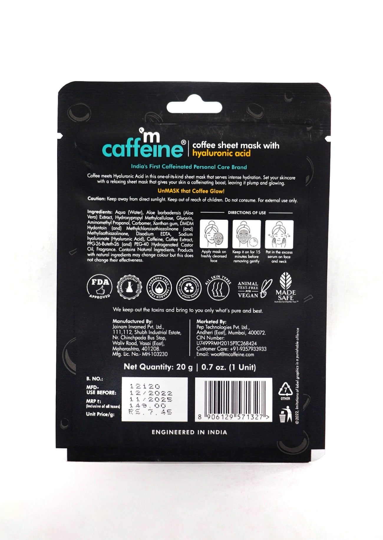 mCaffeine Hyaluronic Acid Coffee Sheet Mask for Hydration Burst - 20g
