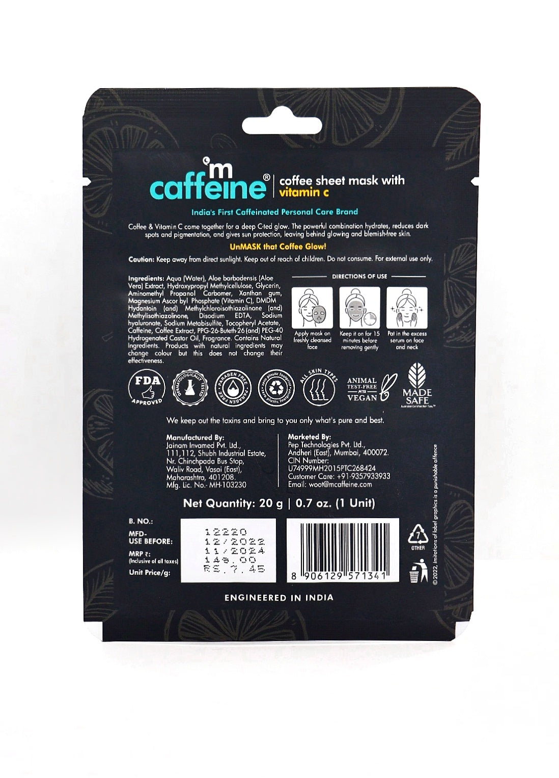 mCaffeine Vitamin C & Coffee Sheet Mask for Dark Spots Reduction - 20g