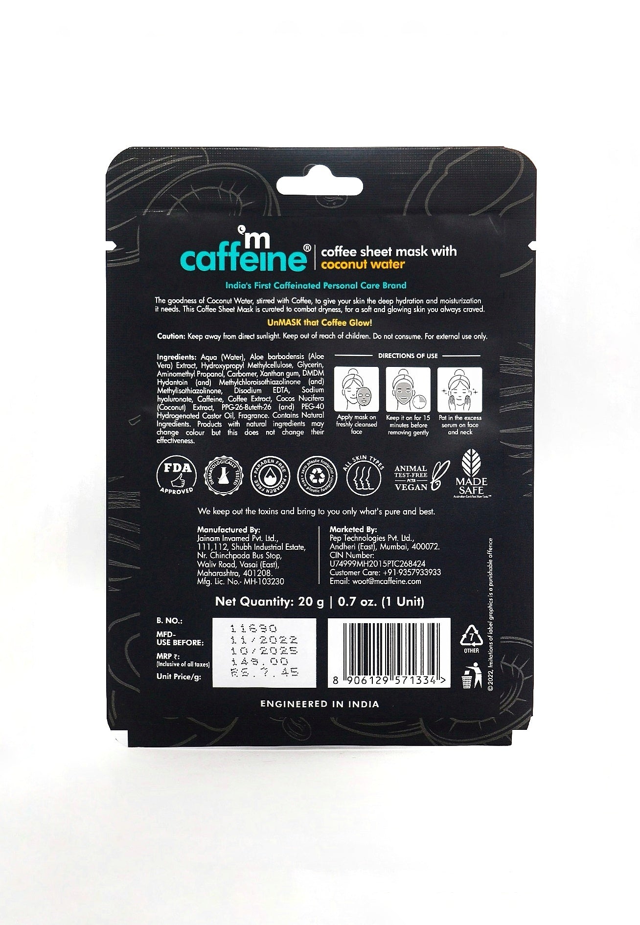 mCaffeine Coconut Water Coffee Sheet Mask for Double Moisturization - 20g