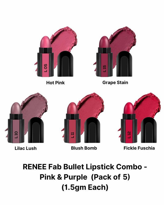 Renee Fab Bullet Lipstick Combo ( Pinks  & Purple ) ( Pack of 5 ) ( 1.5 gm Each )