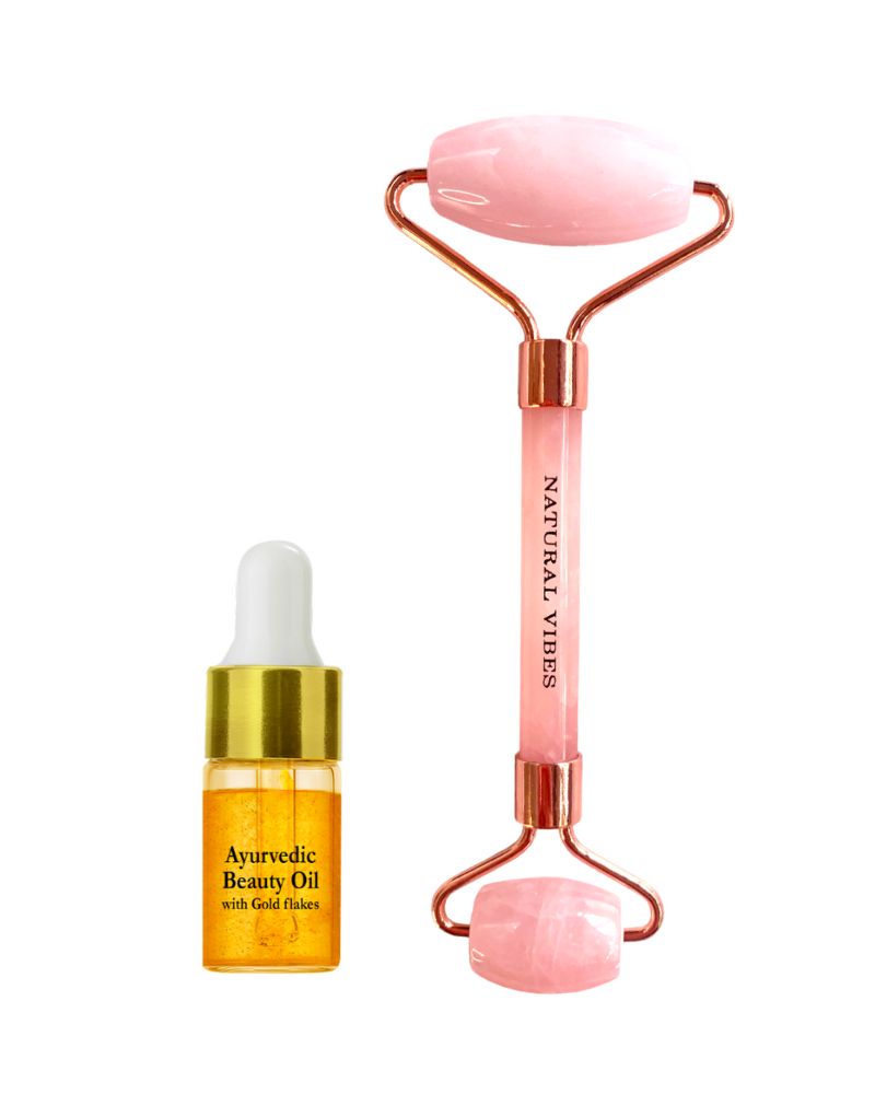 Natural Vibes Rose Quartz Roller & Massager with Gold Beauty Elixir Oil (3 ml)( Full Size )