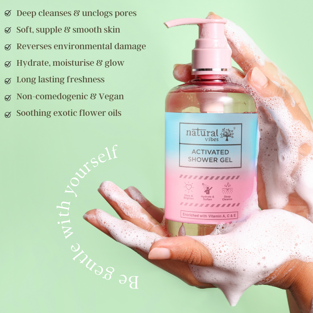 Natural Vibes Activated Shower Gel Body Wash - Glow, Hydrate, Deep Cleanse & Soften ( 300 ml ) ( Full Size )