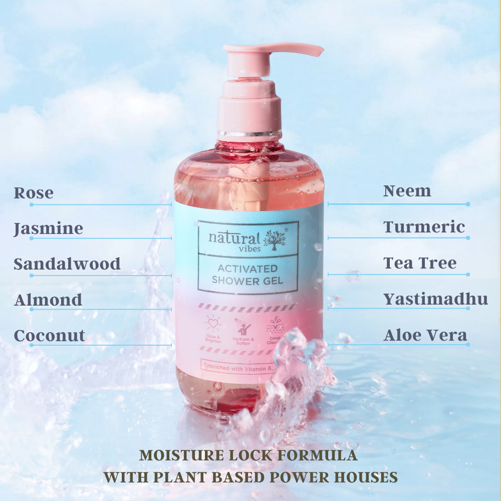 Natural Vibes Activated Shower Gel Body Wash - Glow, Hydrate, Deep Cleanse & Soften ( 300 ml ) ( Full Size )