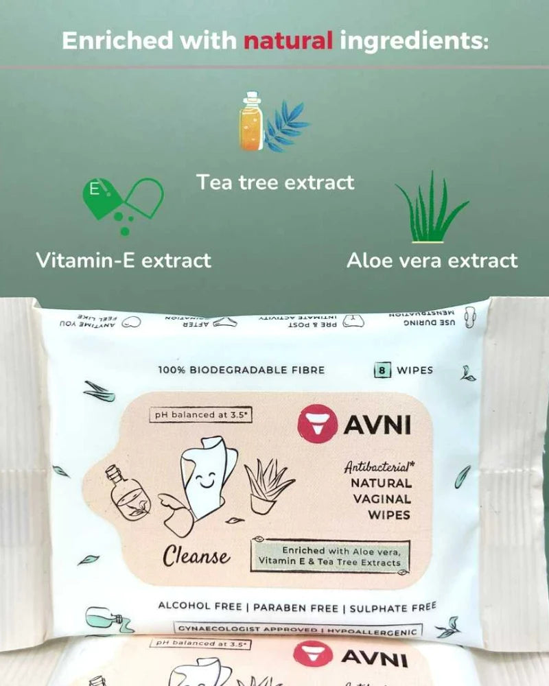 Avni Intimate Wet Wipes - Pack of 8 wipes | pH Balanced (Mini/Small pack/Sample)
