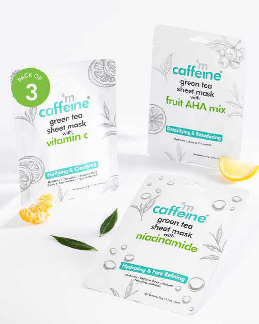 mCaffeine Green Tea Sheet Mask ( Pack of 3 ) | Niacinamide | Vitamin C | Fruit AHA Mix |