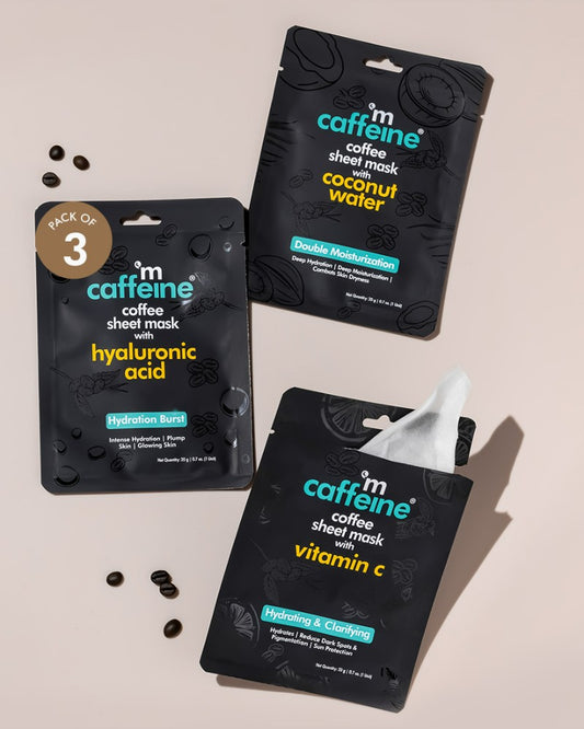 mCaffeine Coffee Sheet Mask ( Pack of 3 ) | Hyaluronic Acid | Coconut Water | Vitamin C